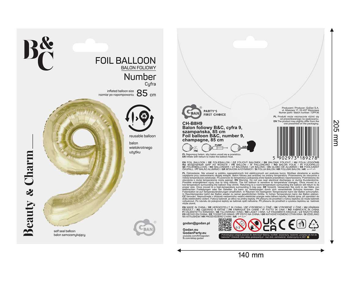 Foil balloon B&C, number 9, champagne, 85 cm